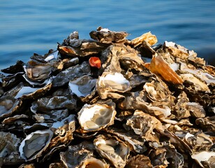 Oyster shells piled high by water