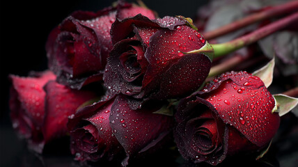 Close-up of red roses with dew drops on them, bouquet of dark red roses on a black background, close-up of a dark red rose bouquet, bouquet of red and pink roses. Ai generated