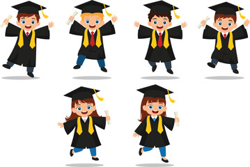 Cartoon children in graduation gowns holding diplomas, celebrating academic success with joyful expressions, perfect for educational and festive vector content