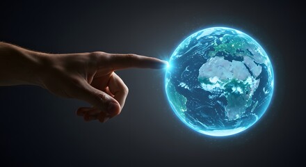 A male hand touching a glowing holographic globe, symbol of responsibility.