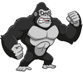 Cartoon gorilla with angry face, clenched fists, muscular body, aggressive pose, strong wild animal character vector for mascot and action design