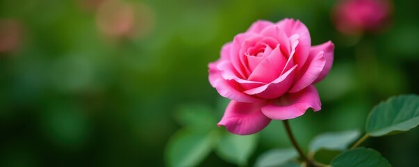 Obraz premium Pink rose Kordana in full bloom, green leaves, fresh, flower photography