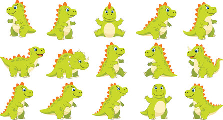 Cartoon green dinosaurs with orange spikes in various poses and expressions, cute character vector set for children, games, and educational design