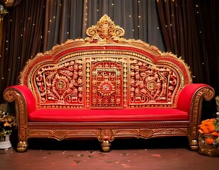 Ornate red couch with gold embellishments