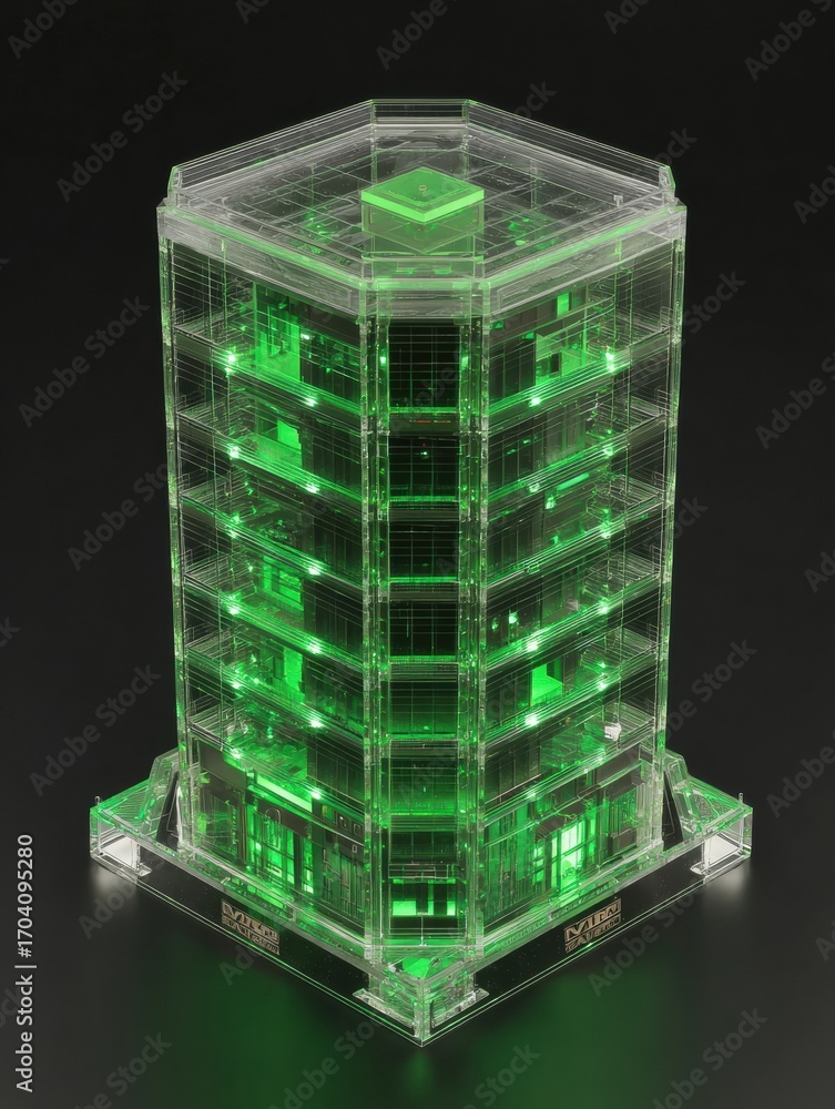 Poster intricate green illuminated building model showcasing modern architectural design with transparent e