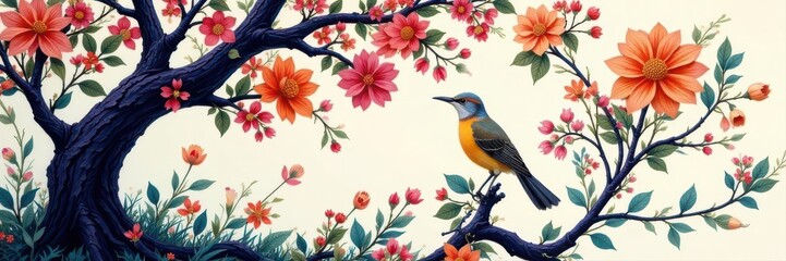 Obraz premium Purple, orange, green, pink, white & black floral bird tree painting Intricate pattern, wallpaper design , texture, painting, floral