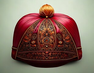 Ornate red hat with intricate gold embroidery
