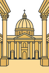 Minimalist Perspective Vector of Cathedral Dome and Colonnade with Classical Columns Illustration