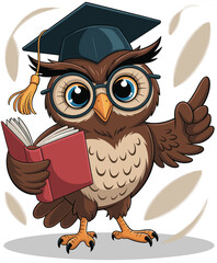 Fototapeta premium Cartoon owl with graduation cap and glasses holding red book, pointing wing, educational character vector for school, learning, and wisdom design