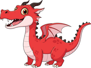 Cartoon red dragon with cheerful face, black horns, pink wings, playful pose vector for children, fantasy, mascot, and storybook design