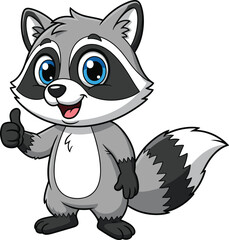 Cartoon raccoon character with thumbs up gesture, cheerful smile, striped tail, cute animal mascot vector for kids, branding, education