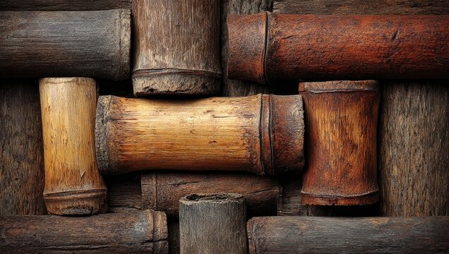 Wooden bamboo sections arranged in a pattern - Powered by Adobe