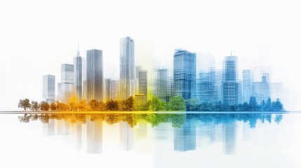 Obraz premium Modern city skyline with colorful trees and reflection