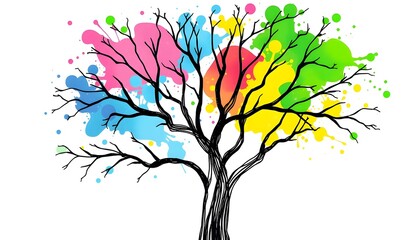 Black silhouette of a bare tree with vibrant, colorful paint splatters forming a backdrop against a white background.