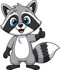 Cute cartoon raccoon character giving thumbs up with cheerful smile, friendly pose, striped tail, kids mascot vector for stock content