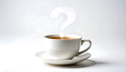 A steaming cup of tea with a question mark