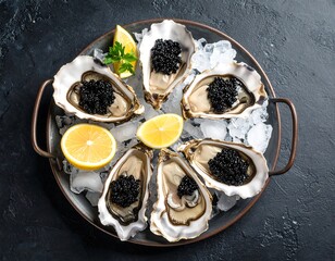 Oysters topped with caviar on ice