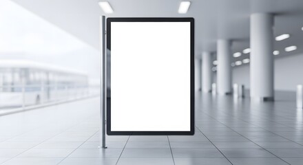 Fototapeta premium Modern blank digital billboard screen on a stand in a clean, minimalist public transportation hub, offering prime space for advertising mockups, informational displays, or brand promotions