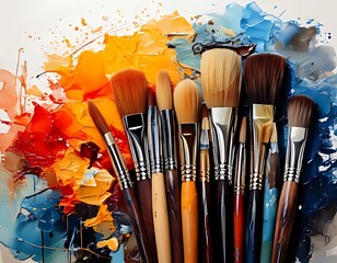 Paint brushes on a colorful canvas