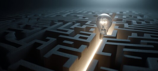 Transparent light bulb at the center of a complex 3D brain-shaped maze with glowing paths leading to it, symbolizing problem solving, creative thinking, and enlightenment, soft cinematic lighting