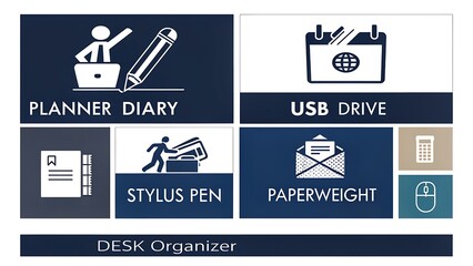Desk Organizer Icons: Stylized Office Supplies and Productivity Symbols in Varied Color Blocks for Planning and Workspace Management.                 