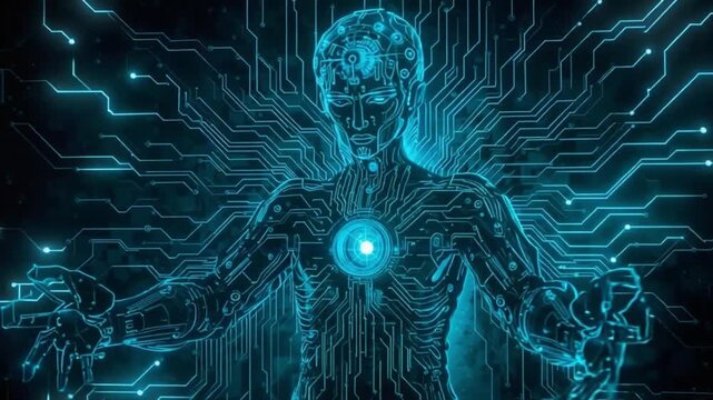 A blue and green image of a person with a heart on their chest. The image is full of wires and circuits, giving it a futuristic and technological feel. The person appears to be in a meditative state