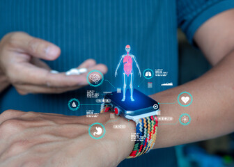 Smartwatch projecting a holographic human body with medical information while a man holds medicine. Concept of digital healthcare, AI in medicine, and wearable medical technology.