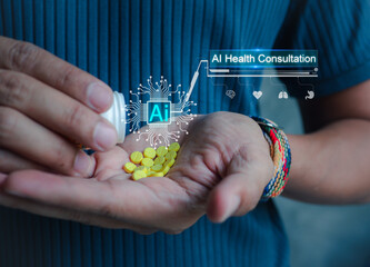 Hand holding yellow pill with AI holographic interface. Concept of artificial intelligence in healthcare, digital consultation, and modern medicine