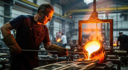 A man in a factory, pouring molten metal into a mold.