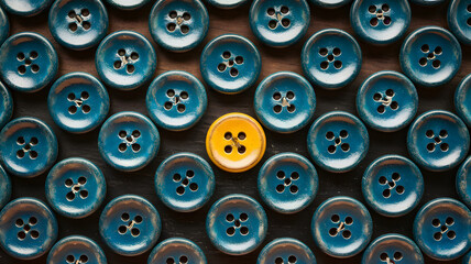 Fototapeta premium An overhead close-up view of numerous teal-colored wooden buttons arranged in a grid pattern. AI Generated