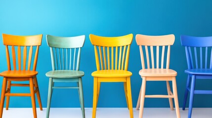 Colorful chairs on blue wall