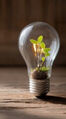 Glowing Light Bulb with Green Plant Sprouting Inside on Wooden Surface, Warm Sunlight from Right, Symbolizing Eco-Friendly Sustainable Energy, Clean Composition with Left Negative Space