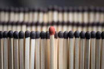 Naklejka premium Single Red Matchstick Stands Out Among Many. AI Generated