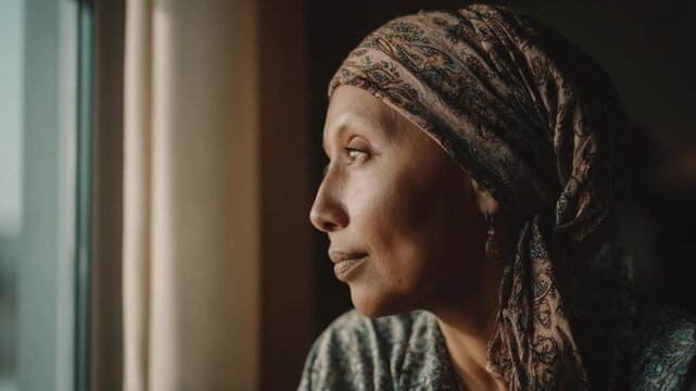 A Moment of Reflection: Captured within the warm embrace of natural light filtering through the window, a woman with a headscarf is lost in deep contemplation.