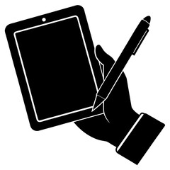 Hand holding tablet and stylus digital pen drawing