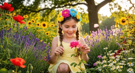 A young girl with braided hair, wearing a colorful headband, kneeling in a vibrant flower garden with sunflowers, daisies, and lavender, surrounded by a lush green background.