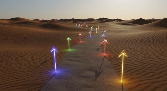 A path of glowing arrows in the desert, symbol of direction.