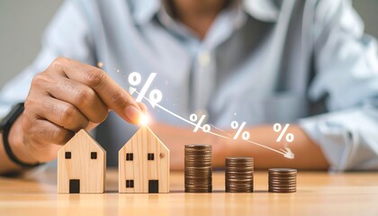 Hand manipulating wooden houses over coins, percentage signs illustrate decreasing values