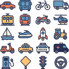 Transportation Vehicles and Traffic Icons for Navigation and Safety