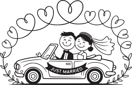 Just Married: A joyful couple celebrates their new life chapter, seated in a classic convertible, adorned with Just Married signage, framed by heart-shaped garlands symbolizing everlasting love.
