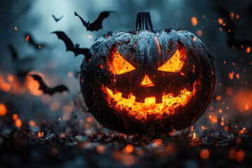 Creepy jack o lantern glows on the street Halloween celebration concept