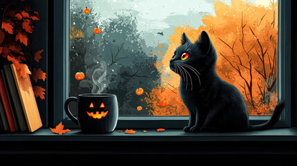 Cute black cat sits by the window with tea on halloween night adding cozy yet spooky charm