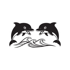  playful dolphins jumping in ocean waves black and white vector illustration.