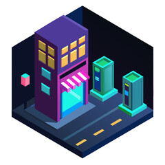 Isometric city street with glowing machines building