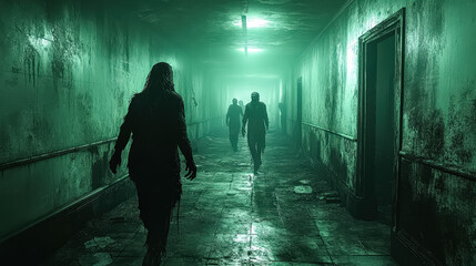 Scary zombies and monsters wander through an abandoned old building on halloween