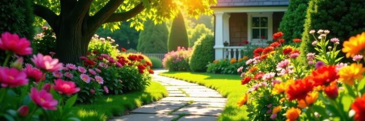 Fototapeta premium Sun-drenched garden, colorful blooms, stone pathway, pathway, yard