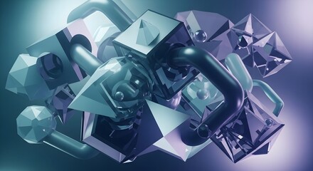 Abstract 3D geometric shapes and connected tubes in a vibrant, modern illustration, perfect for technology or design concepts.