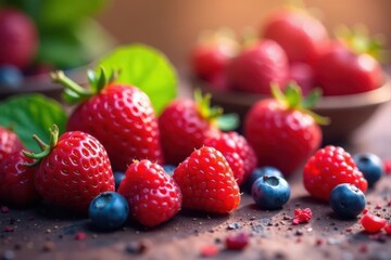 Obraz premium Sun-drenched berries & juicy fruits, vibrant colors , summer fruits, ripe