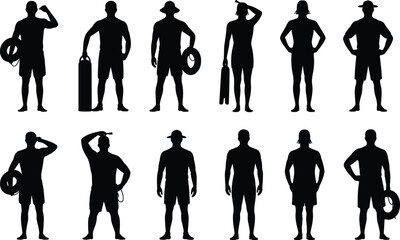 Silhouette of men in summer swimwear, holding lifebuoys and snorkeling gear, standing poses, beachwear, summer vacation, water sports, outdoor leisure, travel adventure.