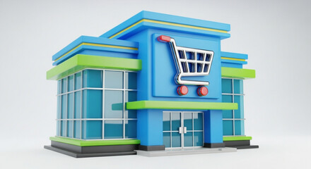 A vibrant 3d rendering showcases a charming store facade, complete with a shopping cart emblem, evoking a sense of retail therapy and consumerism